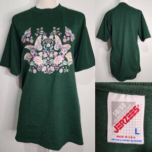 Vtg 90s Jerzees Endless Designs Women Large Forest Green Floral Butterfly Tshirt